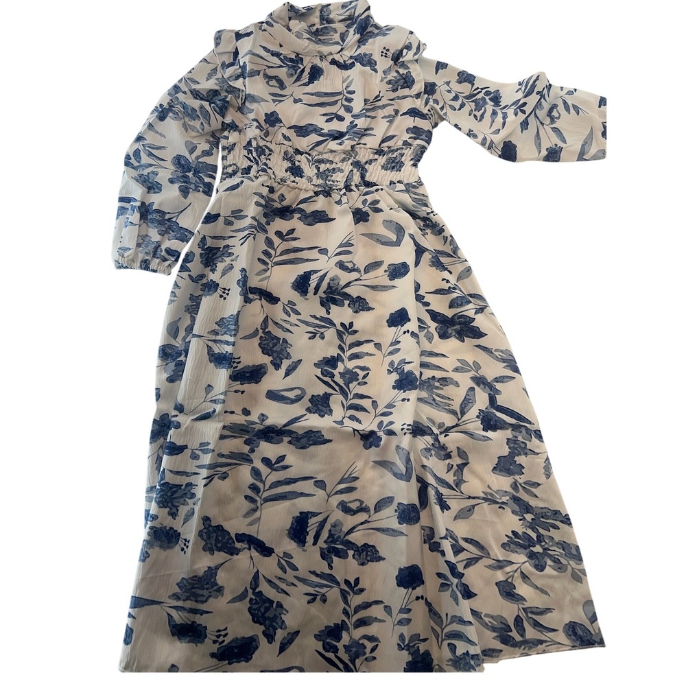 Shein Girls Dress 5Y White Blue Floral Long Sleeve Maxi‎ Kids Casual